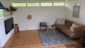 Una habitación con piso de madera, un sofá marrón, un tapete estampado, un televisor y una ventana con vistas a árboles.