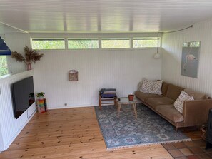 Ein Zimmer mit Holzboden, einem braunen Sofa, einem gemusterten Teppich, einem Fernseher und einem Fenster mit Blick auf Bäume.