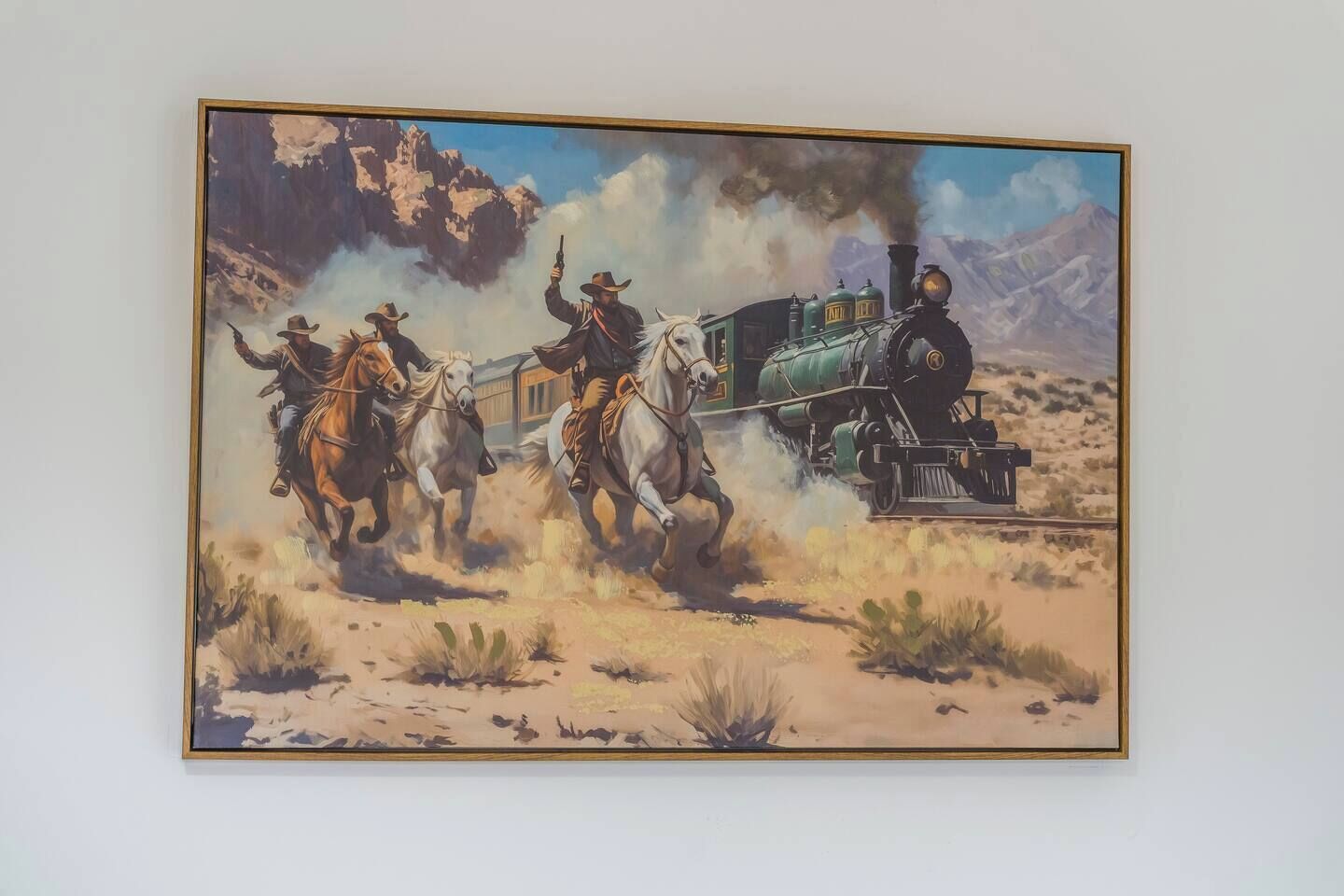 A painting of cowboys on horseback with a steam locomotive in a desert landscape.