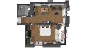 A floor plan of a hotel room with a bed, a desk, a chair, a sofa, and a small bathroom. - Apartment 4 Northwest - small balcony (Bad Reichenhall)