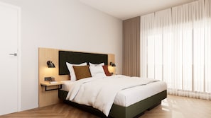 A modern bedroom with a wooden headboard, a bed with white bedding, two bedside lamps, and a large window with sheer curtains. - Apartment 4 Northwest - small balcony (Bad Reichenhall)