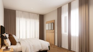 A modern hotel room with a large bed, a flat-screen TV mounted on the wall, and a large window with curtains. - Apartment 1 South East - Balcony (Bad Reichenhall)