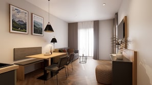 A modern living room with a dining area, a sofa, a coffee table, and a large window with curtains. - Apartment 1 South East - Balcony (Bad Reichenhall)
