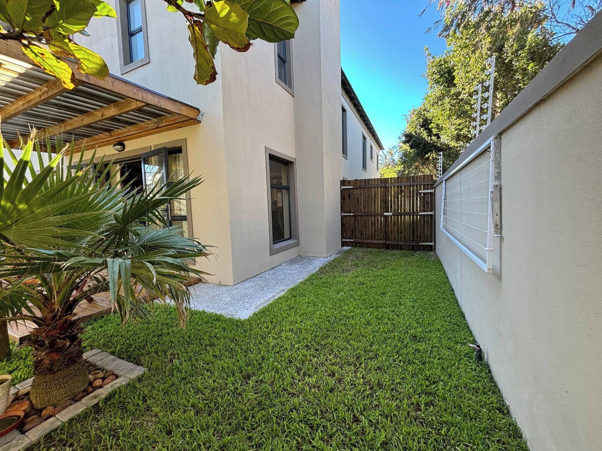 A well-maintained backyard with a lawn, a wooden pergola, and a palm tree.