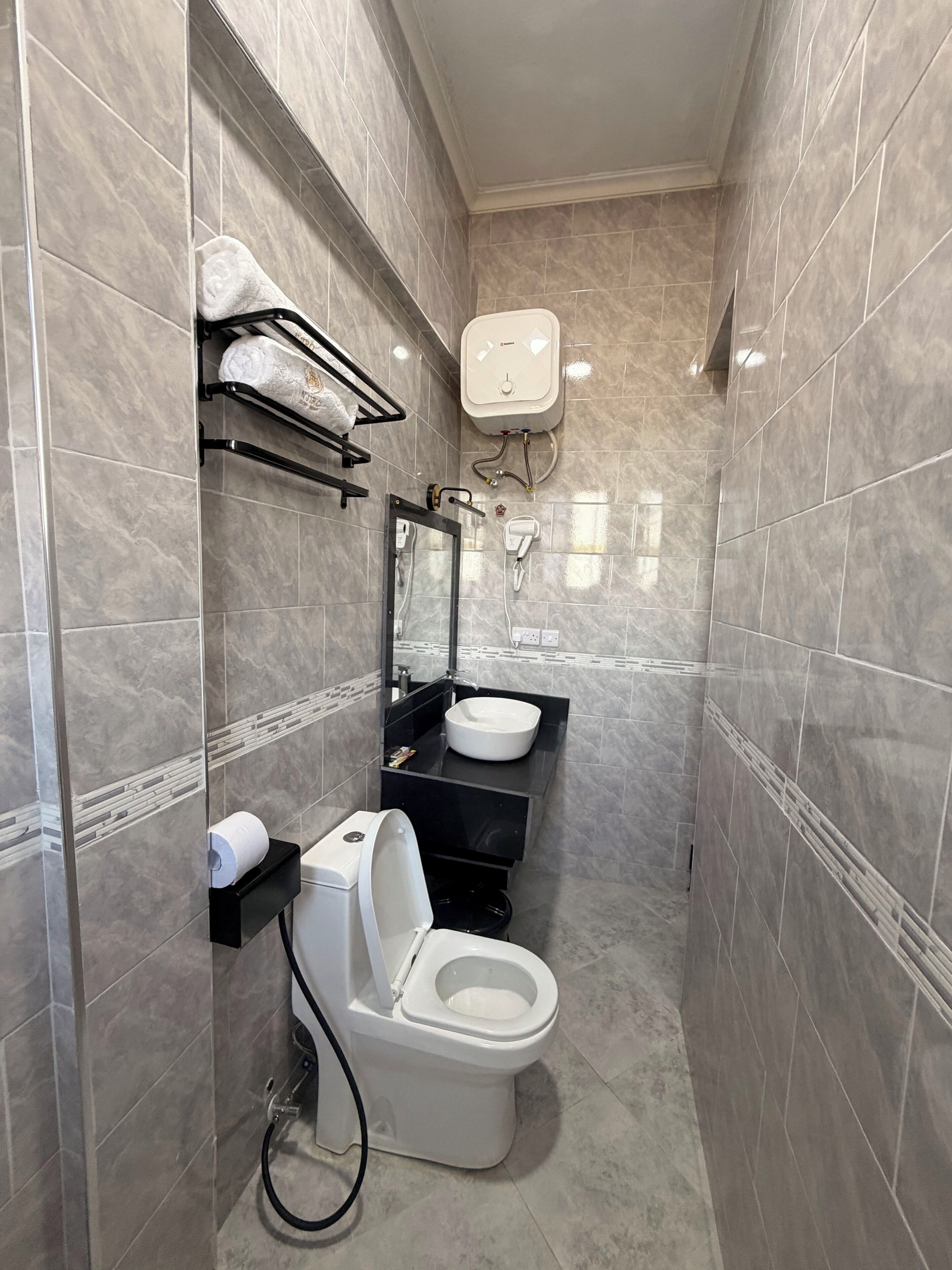 Une petite salle de bain comprenant des toilettes, un lavabo, un porte-serviettes et une douchette à main.