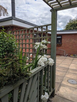 A wooden fence with white flowers, a brick building, and a cloudy sky.