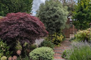 Un jardin où l’on trouve une variété de plantes, un mur en briques et un chemin en bois.