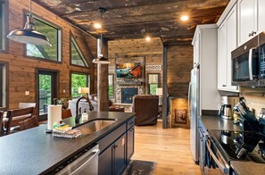 A modern kitchen with a large island, built-in appliances, and a stone fireplace. - CoveMtnComf: Pool, MtnViews, HotTub, Wifi, Pets, Theater, Games (Sevierville)
