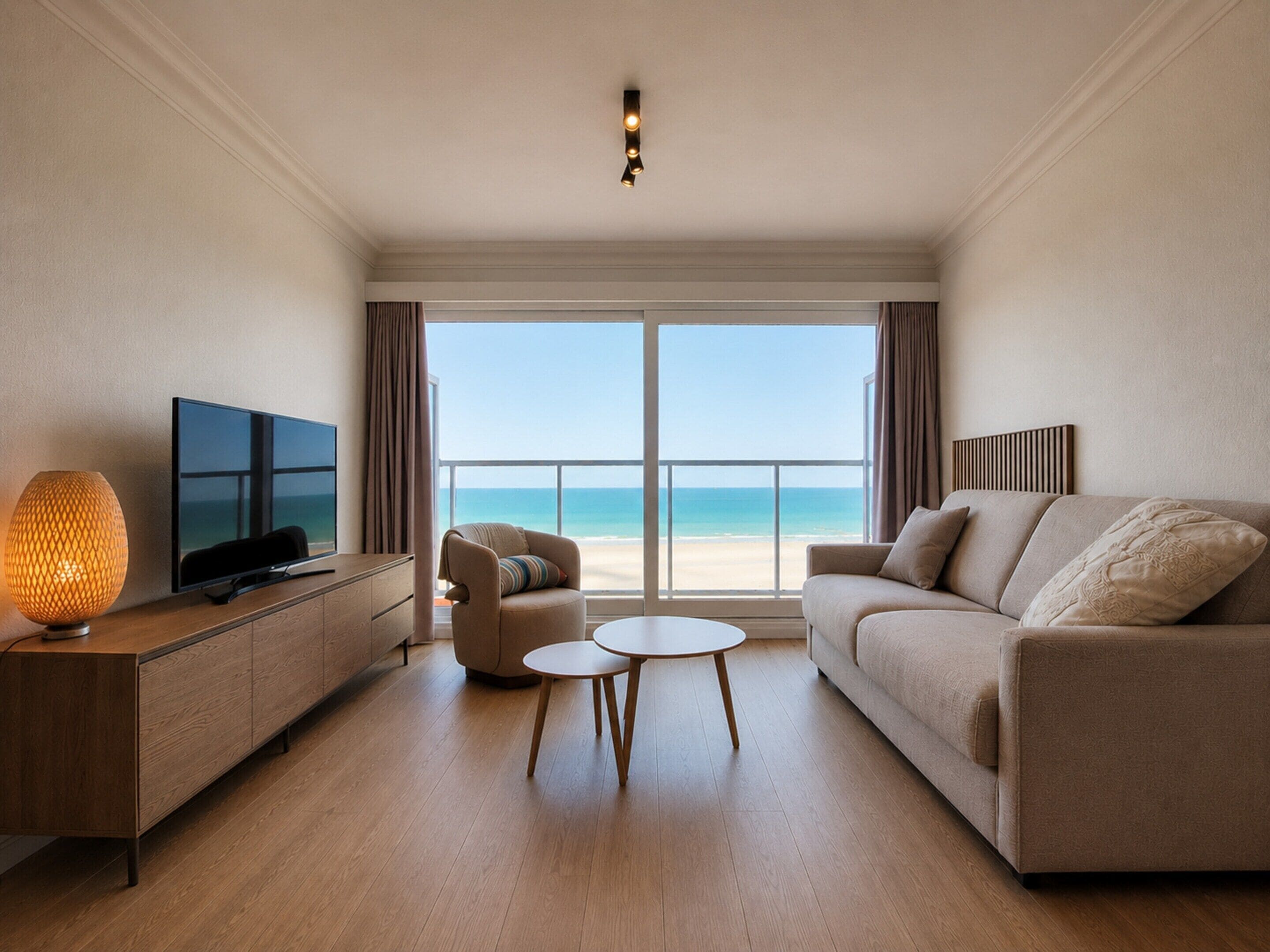 Ein Hotelzimmer mit großem Fenster und Blick auf den Strand, einer Couch, einem Fernseher und einer Lampe.