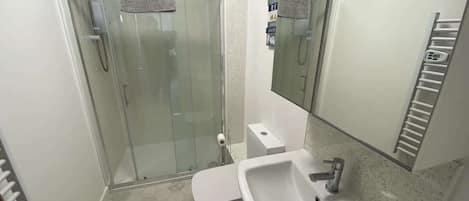 Ein Badezimmer mit einer Duschkabine, einem weißen Waschbecken und einer Toilette.