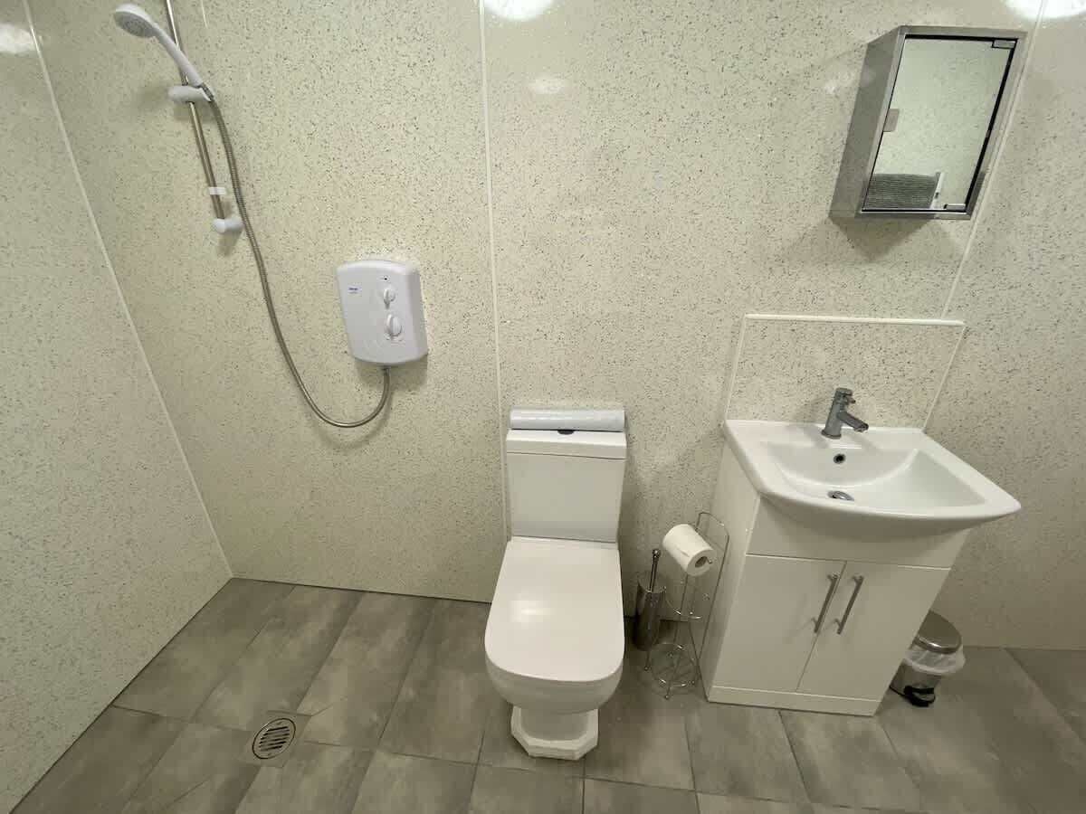 Une salle de bain avec des toilettes, un lavabo et une douche.