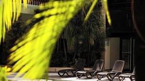 Area piscina con poltrona relax e palme.