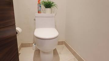 A toilet with a white lid, a toilet paper holder, and a plant on top.