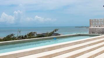 A rooftop infinity pool with a view of the ocean and a distant pier.