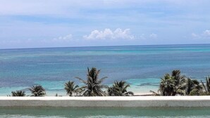 Blick auf einen Strand mit klarem türkisblauem Wasser und Palmen.