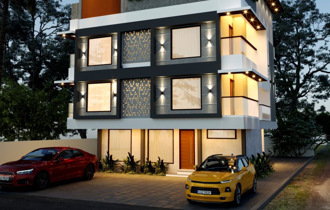 A modern multi-story building with large windows and a carport.