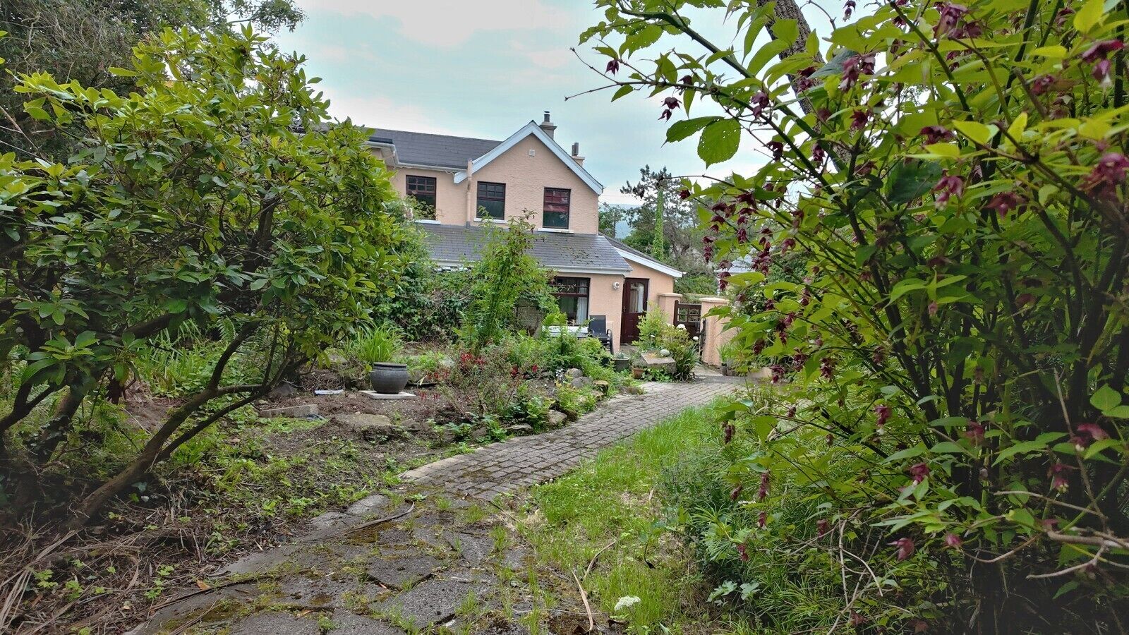 Ein Haus mit einem gepflasterten Weg zum Eingang, umgeben von üppiger Vegetation und verschiedenen Pflanzen.