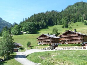 Ein Chalet-Hotel mit mehreren Balkonen in einer Berglandschaft unter blauem Himmel.