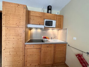 A compact kitchen with wooden cabinets, a microwave, a gas stove, and a sink. - Apartment pets, mountain view - 4 guests (Vars)