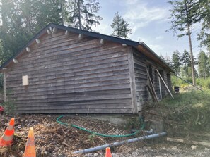 Een houten hut met schuin dak, omringd door bomen en begroeiing.