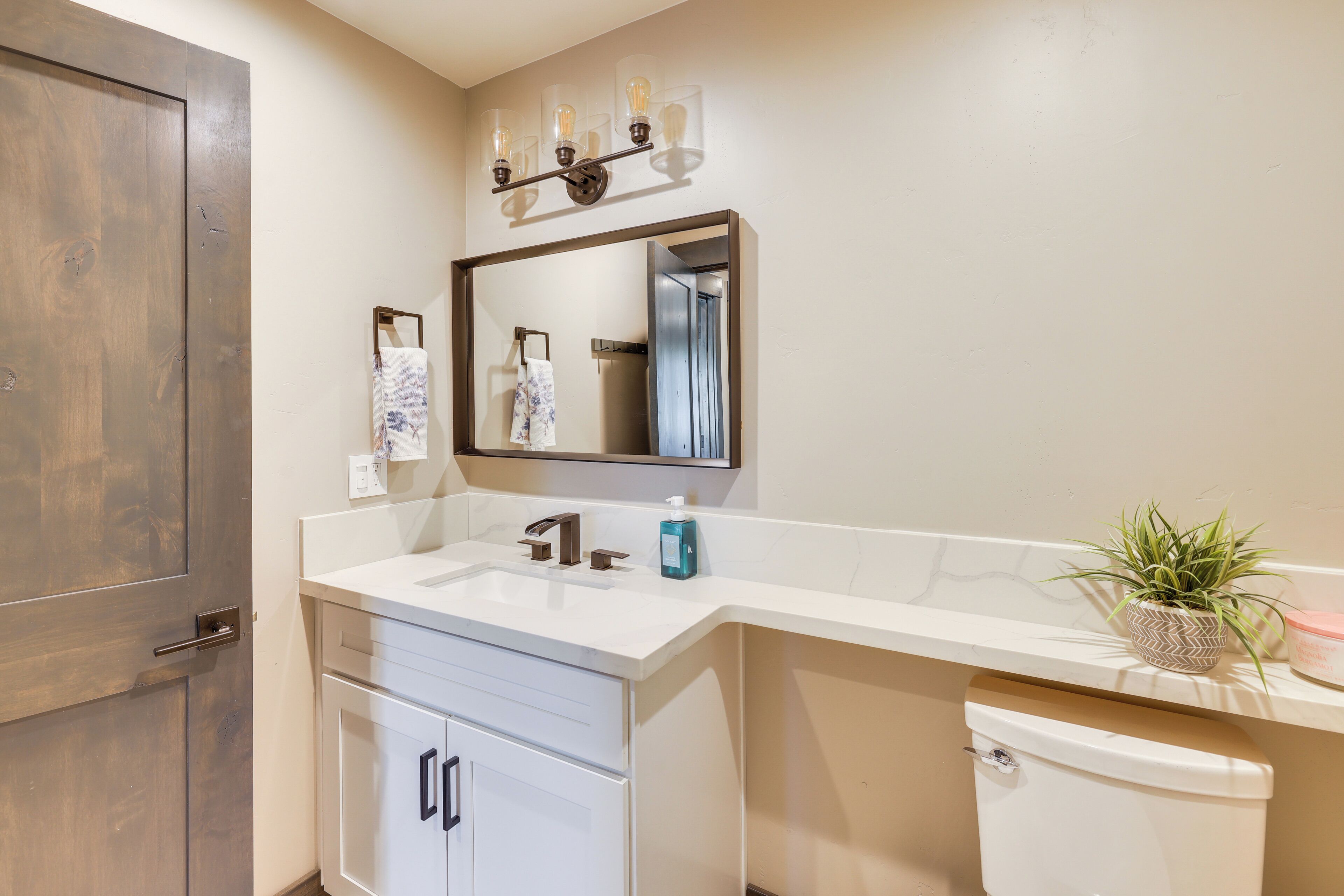 A bathroom with a white sink, a mirror, a towel rack, a toilet, and a potted plant.