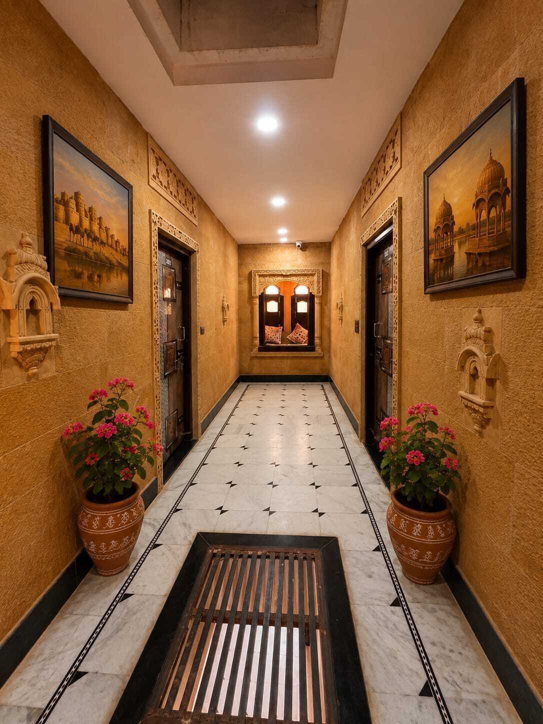 Um corredor com piso estampado, duas plantas em vasos e quadros nas paredes.
