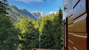Eine Berglandschaft mit dichtem Wald und einer Holzhütte.