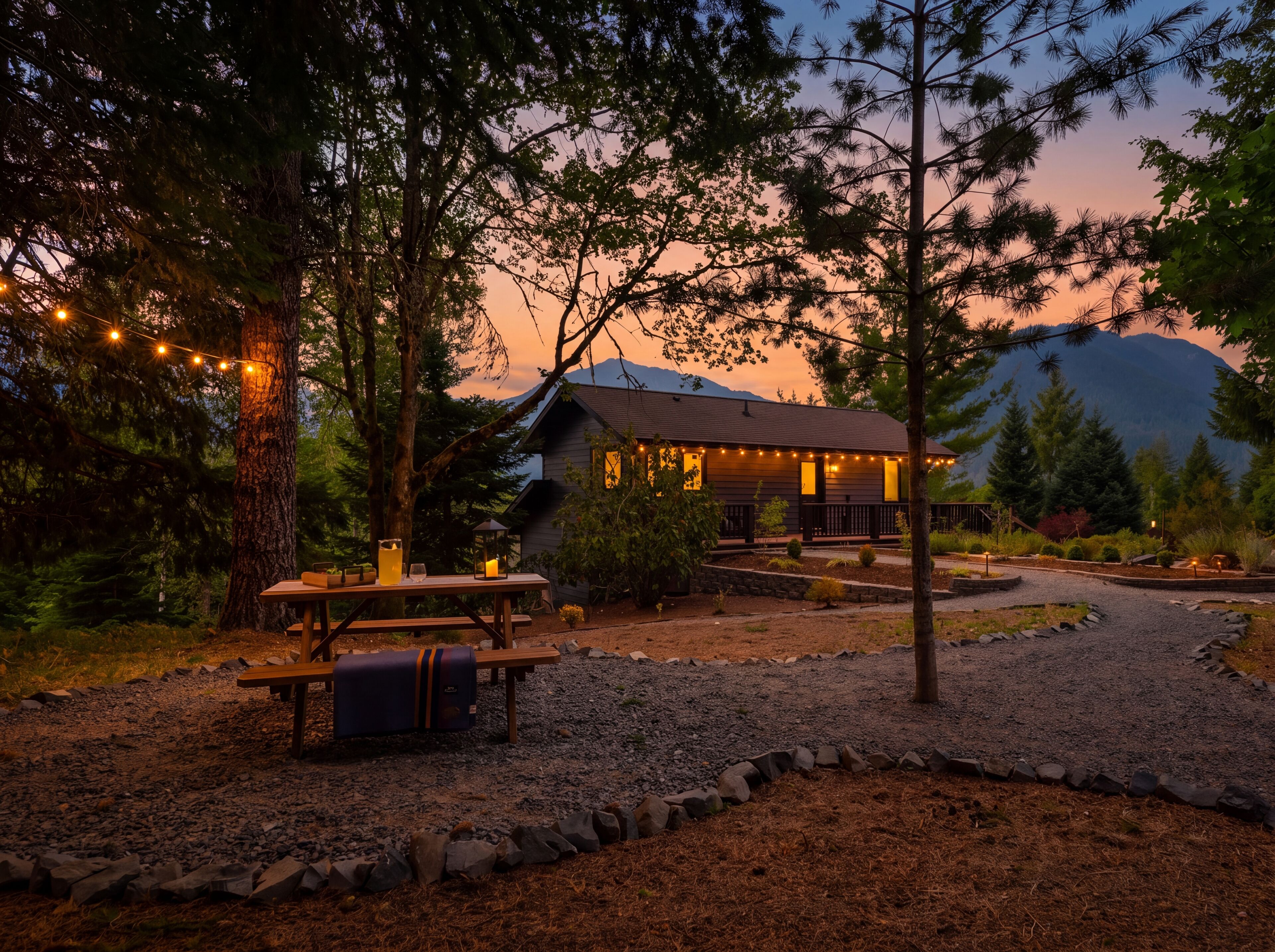 A lodge with a gravel driveway, picnic tables, and string lights.