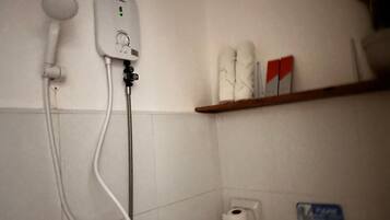 Shower, free toiletries, towels, soap