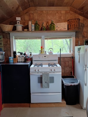 A kitchen with a stove, sink, and window overlooking greenery.