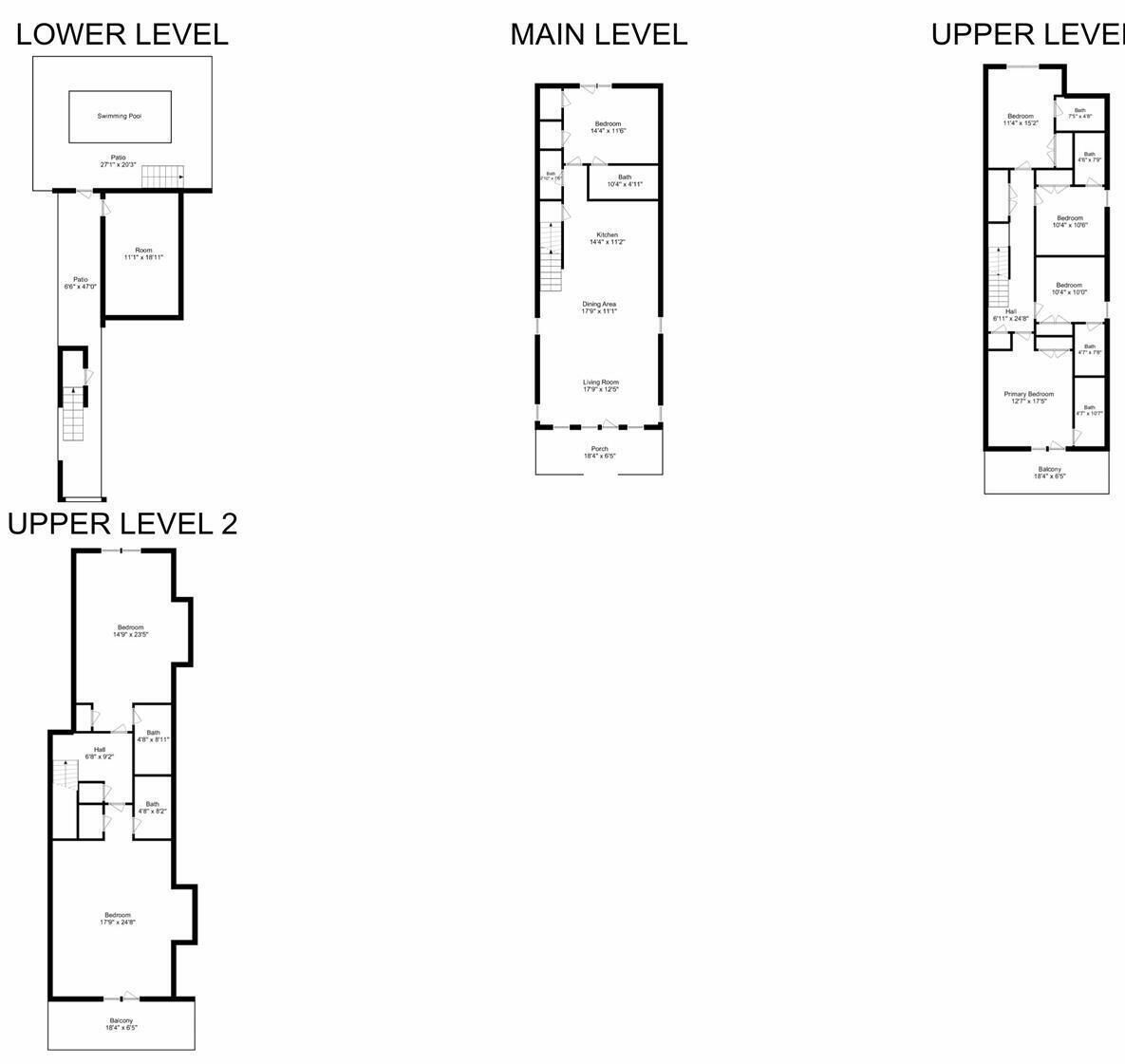 A multi-level floor plan with a swimming pool, patio, and various rooms including bedrooms, bathrooms, and a dining area.