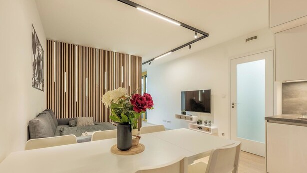 Ein moderner Wohnraum mit Essbereich, einer Couch, einem Fernseher und einer Küche.