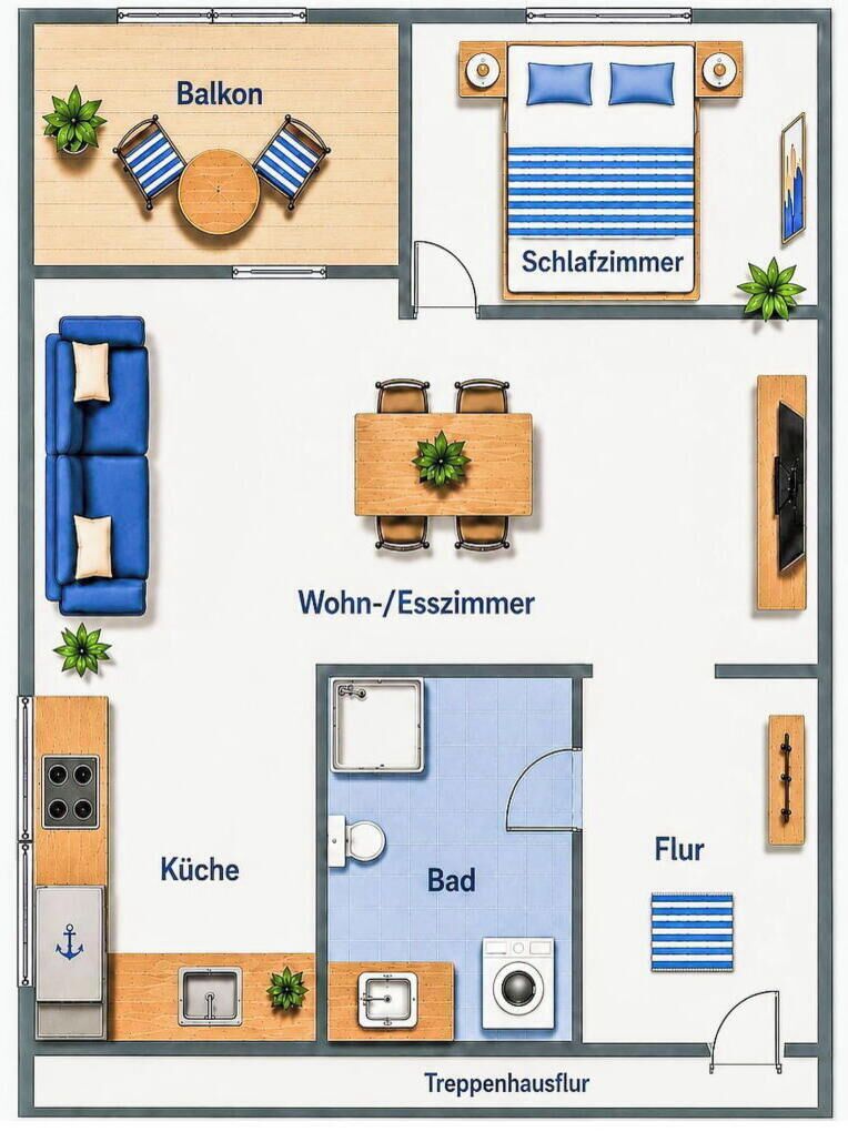 Distribución de una habitación de hotel con balcón, baño privado, sala de estar, cocina, baño y un pequeño espacio al aire libre.