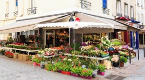 Un marché aux fleurs où diverses plantes et fleurs sont exposées sur des tables et des étals.