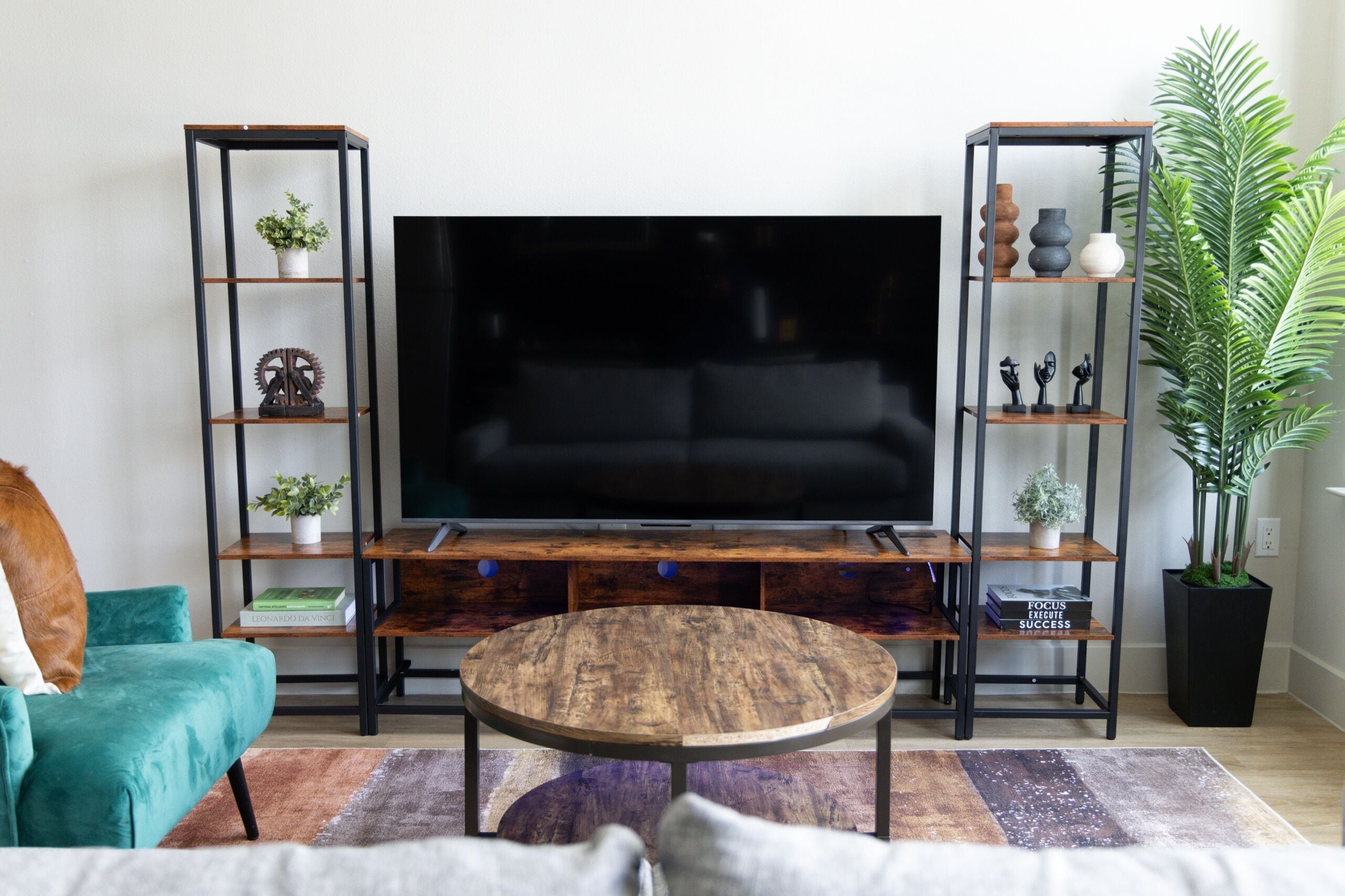 A living room with a flat-screen TV, two black shelving units with plants, a teal sofa, and a round coffee table.