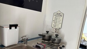 Fridge, microwave, stovetop, electric kettle