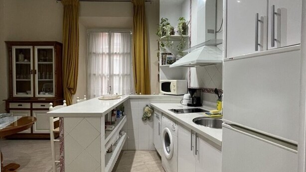 A compact kitchen with a built-in washing machine, a microwave, and a sink. - Charming Seville Center Alameda (Sevilla)