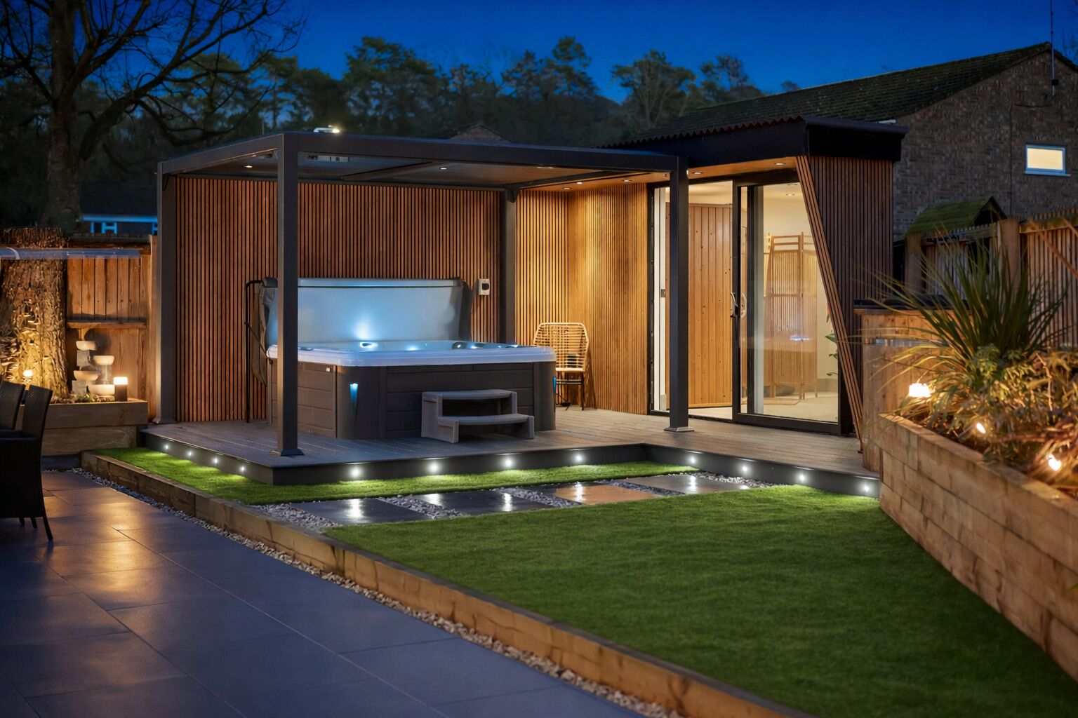 A hot tub in a covered outdoor area with a wooden deck and artificial grass.