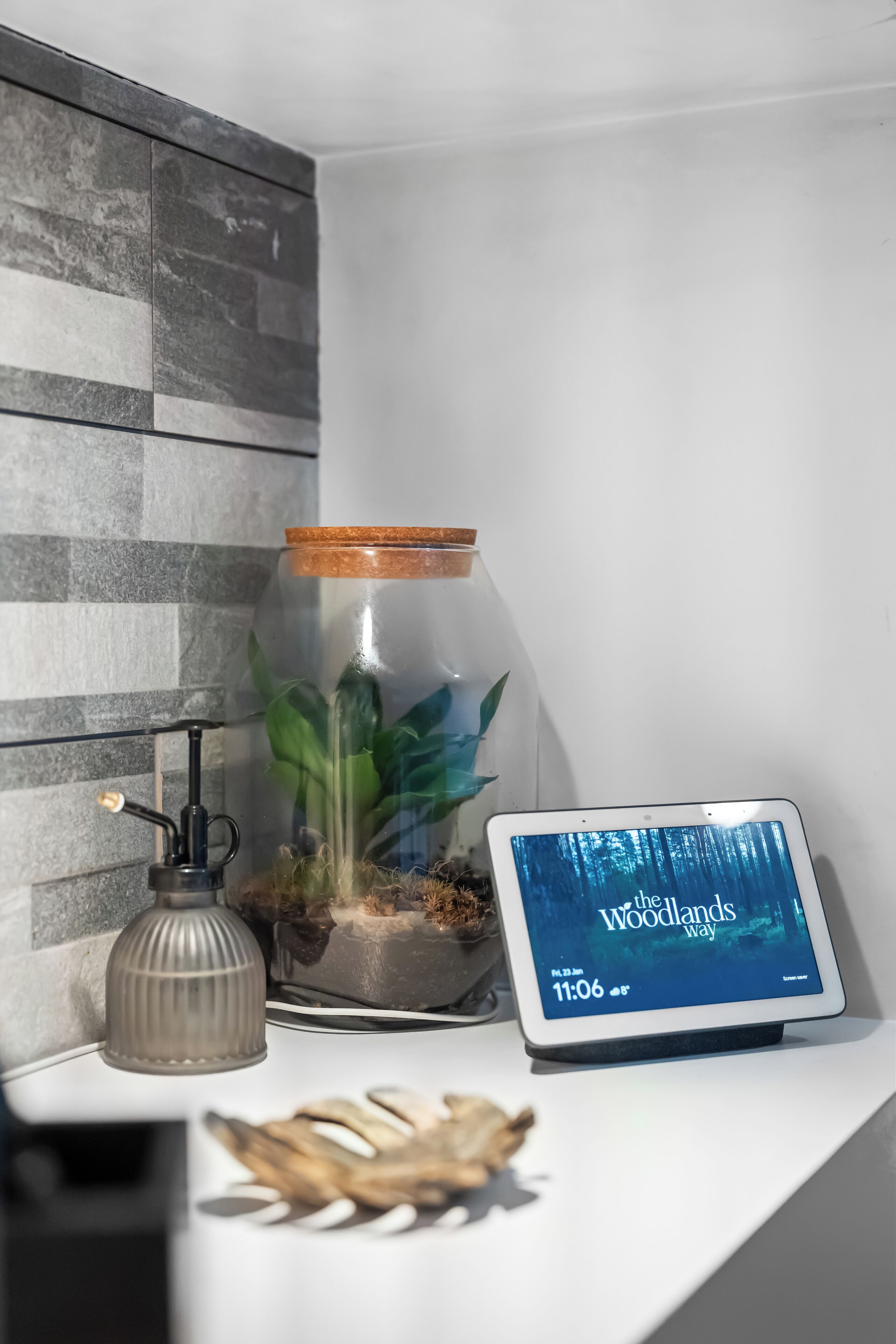 Ett genomskinligt glasterrarium med ett korklock, en liten lampa och en surfplatta som visar programmet ”The Islands Way” på en vit yta.