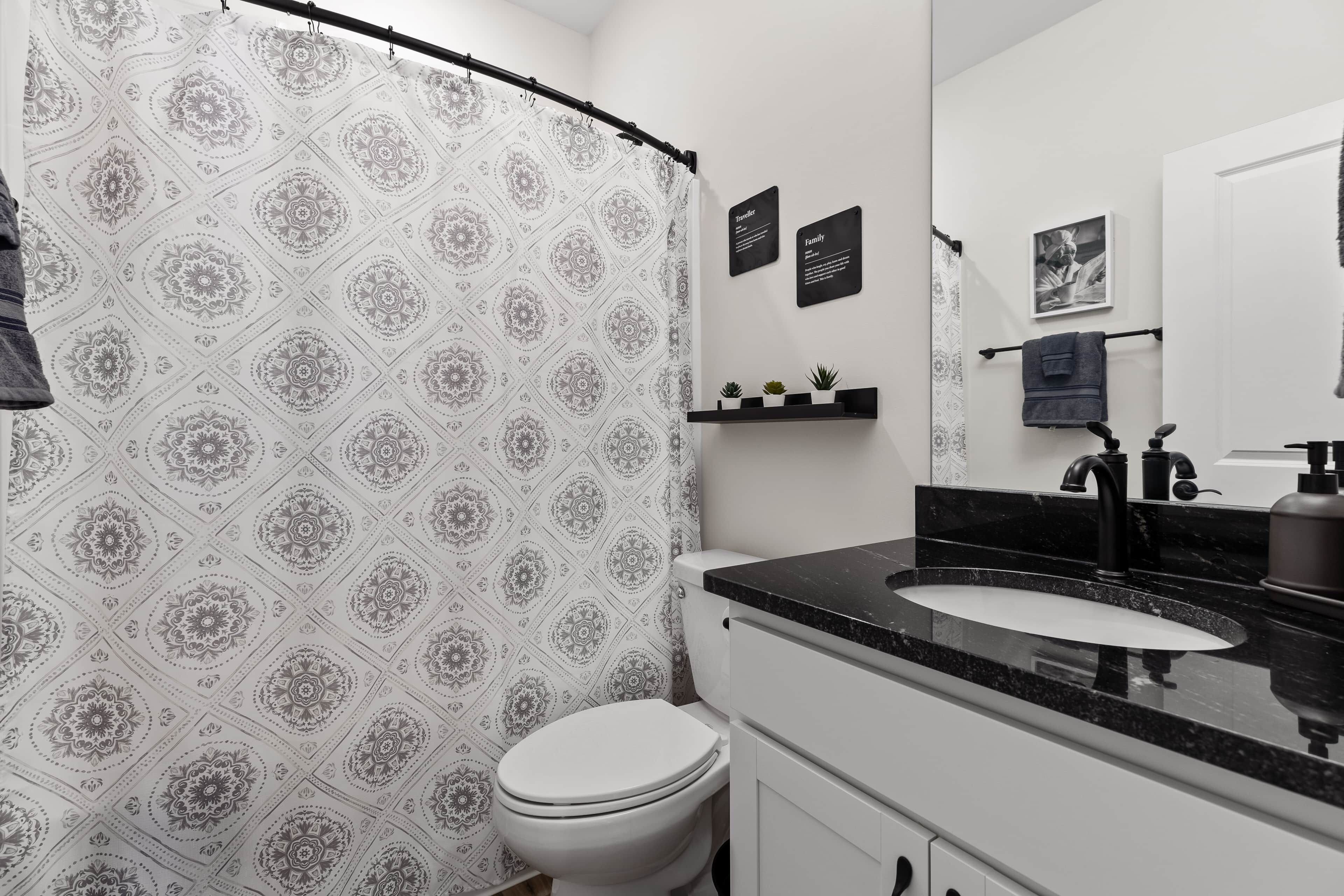 A bathroom with a patterned shower curtain, a white toilet, a black sink with a mirror, and a shelf with plants.