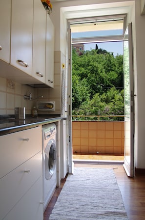 Eine Küche mit Waschmaschine, Spüle und Fenster zum Balkon mit Blick auf Grünflächen.