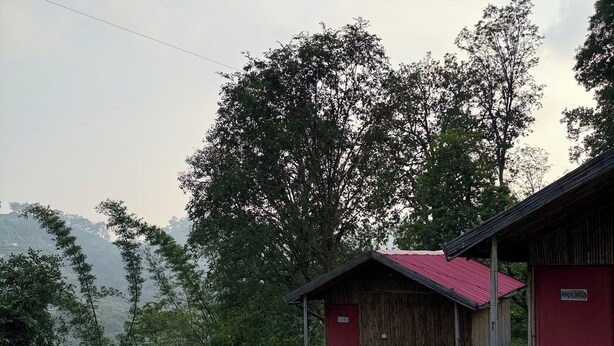 A rustic wooden cabin with a red roof, surrounded by lush greenery and trees. - The Ameya mountain view bamboo cottages (Kanda Khal)
