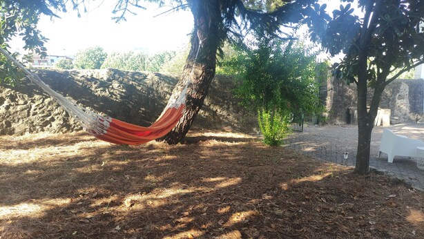 A hammock tied to a tree in a wooded area with a stone wall and a white bench in the background. - Room in Ponte da Barca (Vila Nova de Muía)