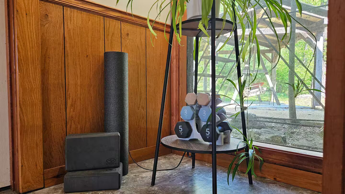 Une pièce aux murs lambrissés, un tapis de yoga, une petite table avec des haltères et une plante en pot.
