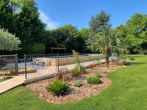 A landscaped garden with a pool, surrounded by a metal fence, and various plants and trees.