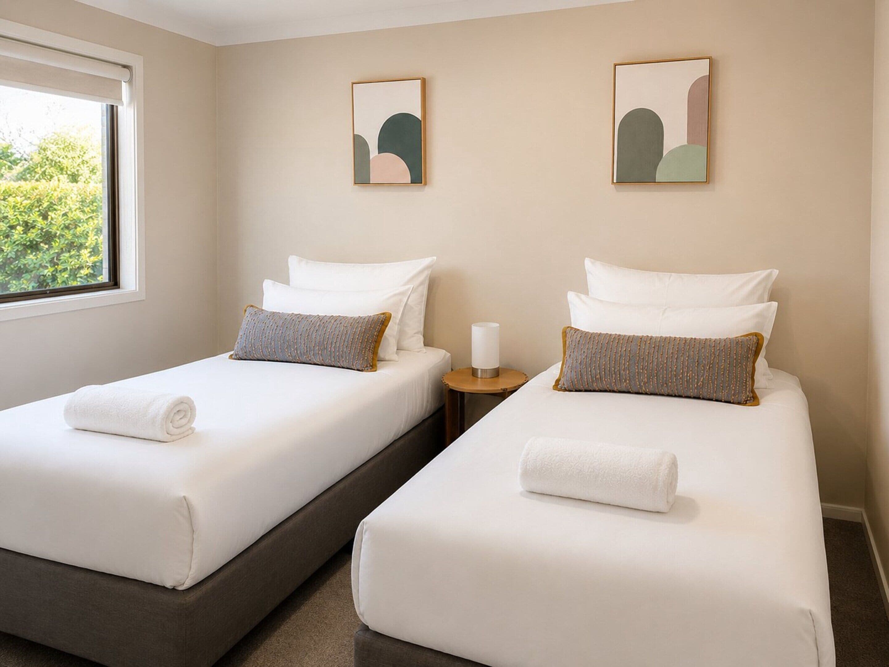 Habitación de hotel con dos camas individuales, una ventana con vistas a zonas verdes y dos cuadros abstractos en la pared.