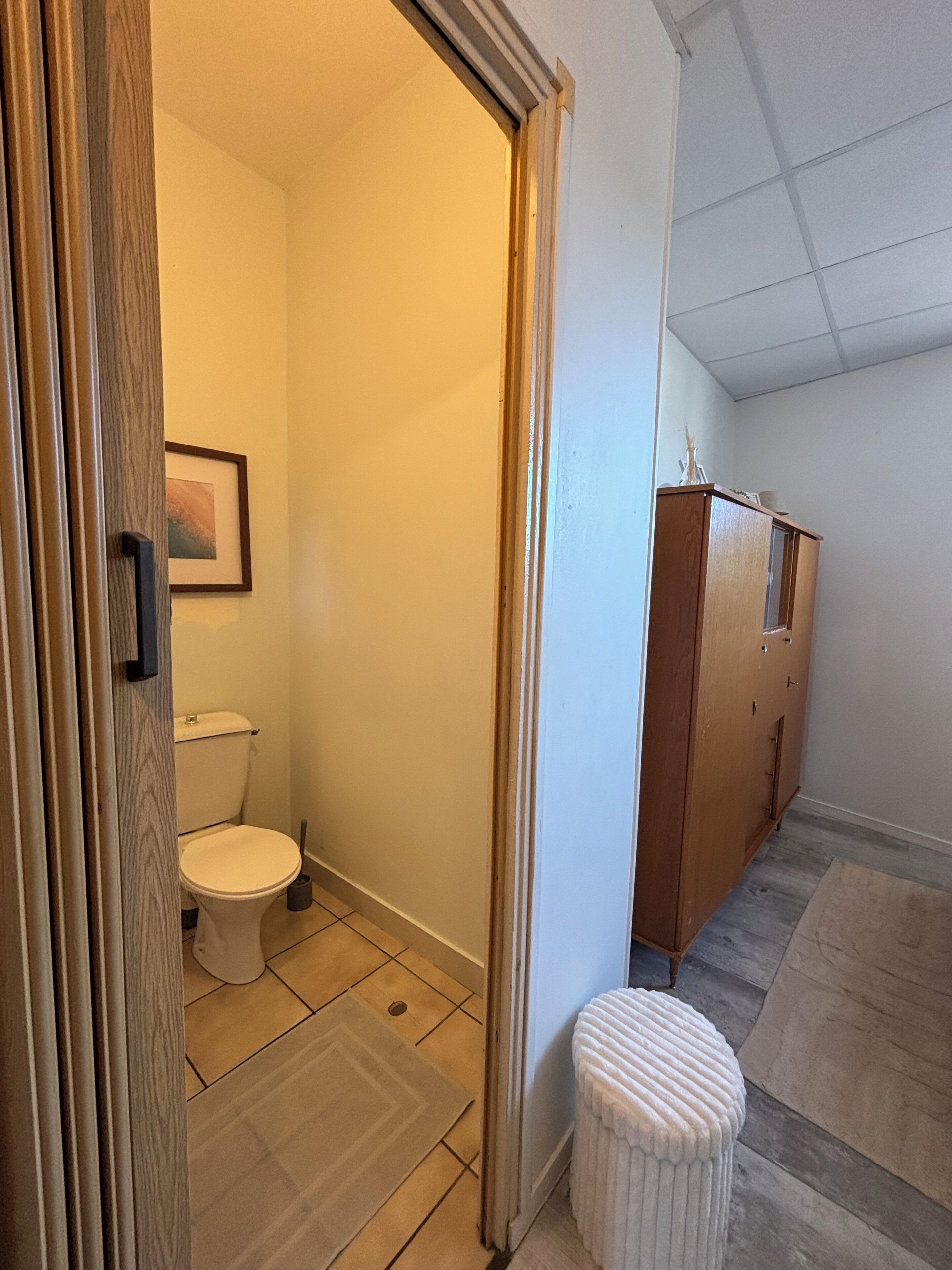 Een badkamer met een toilet, een lijst met een foto aan de muur en een houten kastje.