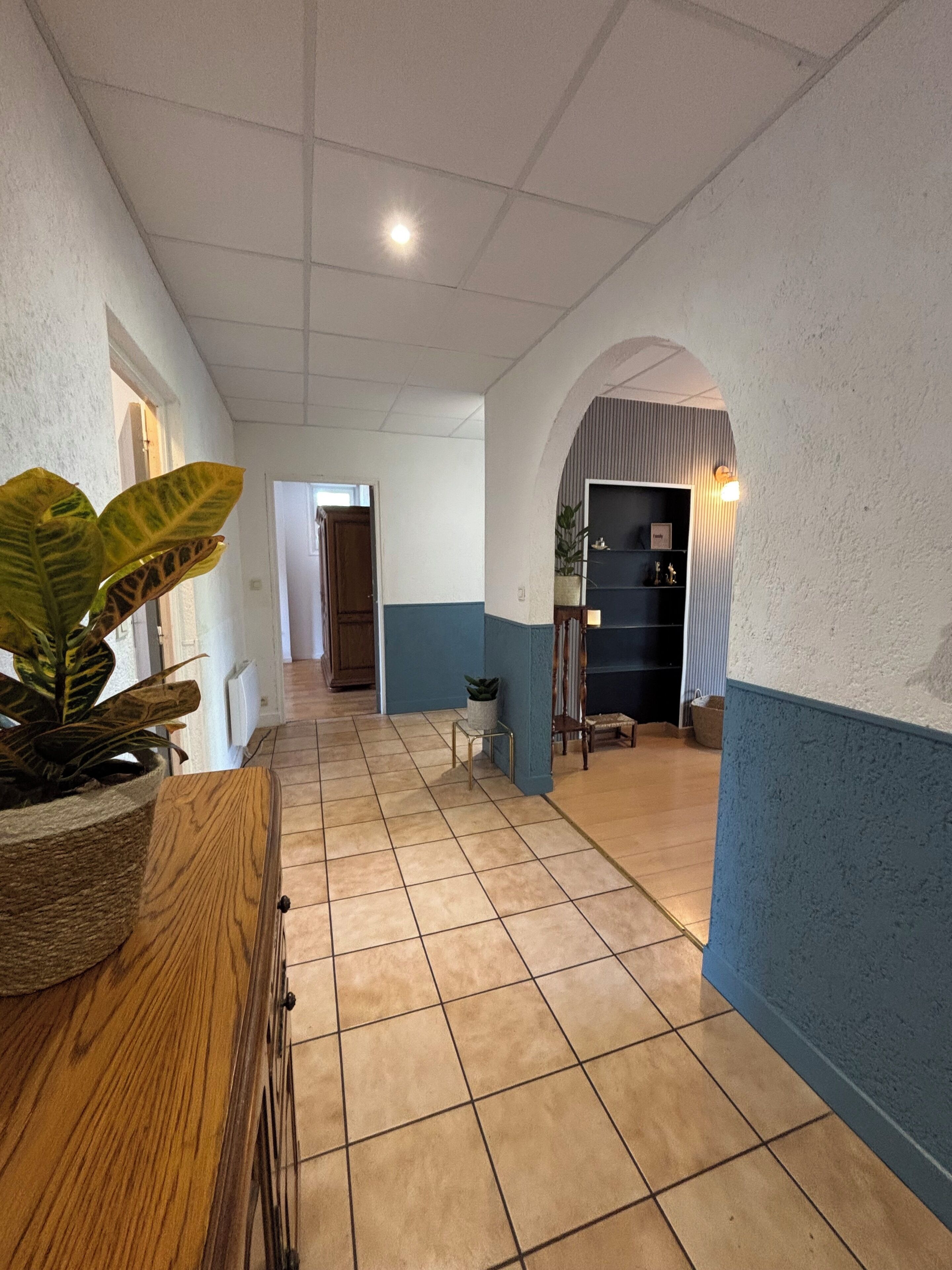 Un pasillo con suelo de baldosas, un armario de madera con una planta y una pared azul y blanca.