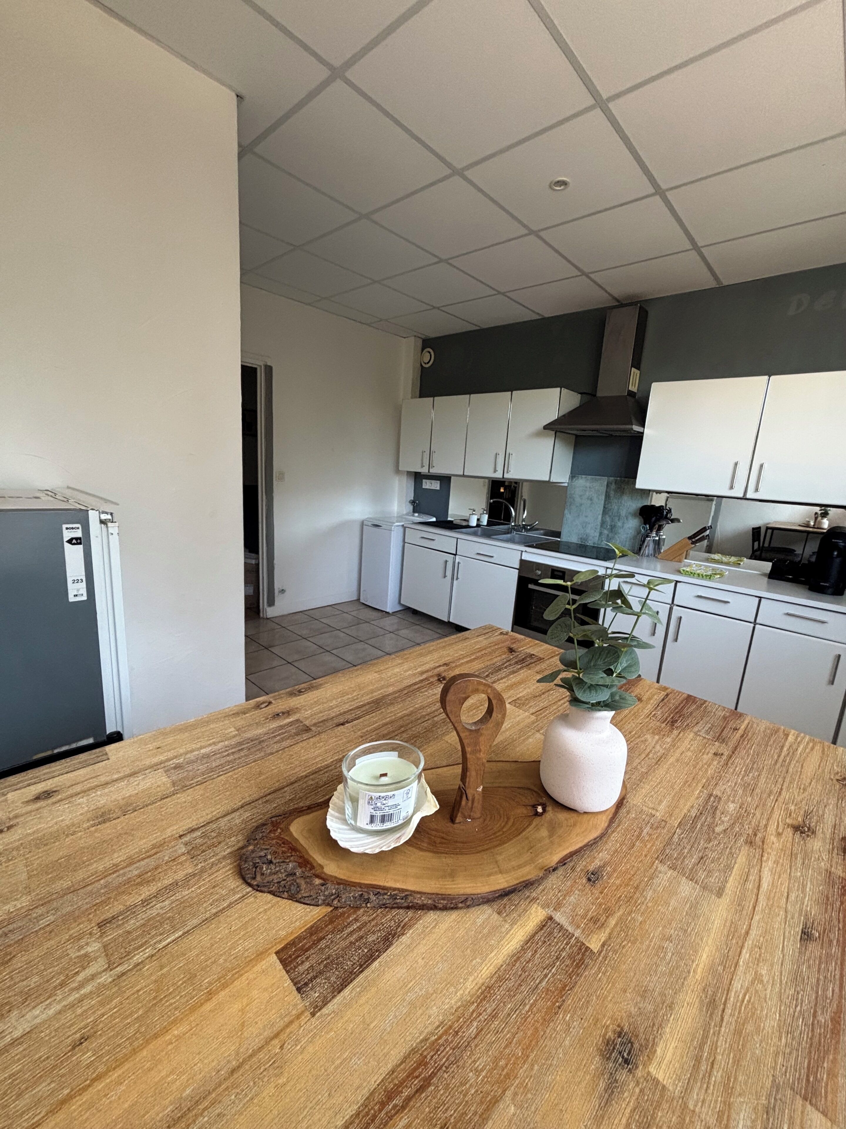 Une cuisine moderne avec des meubles blancs, un plan de travail en bois et une plante en pot.
