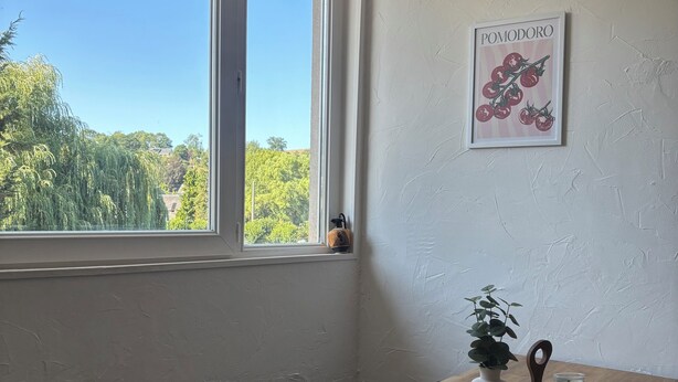 A room with a wooden table, a window with a view of greenery, a radiator, and a framed picture on the wall.